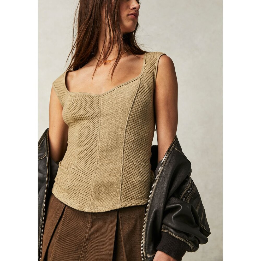 Free People Ribbed Square Neck Tank Top in Tan